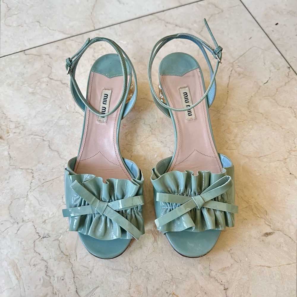 Miu Miu Baby Blue Patent Leather Crystal Jewelled Heels Sandals 37.5 Like NEW